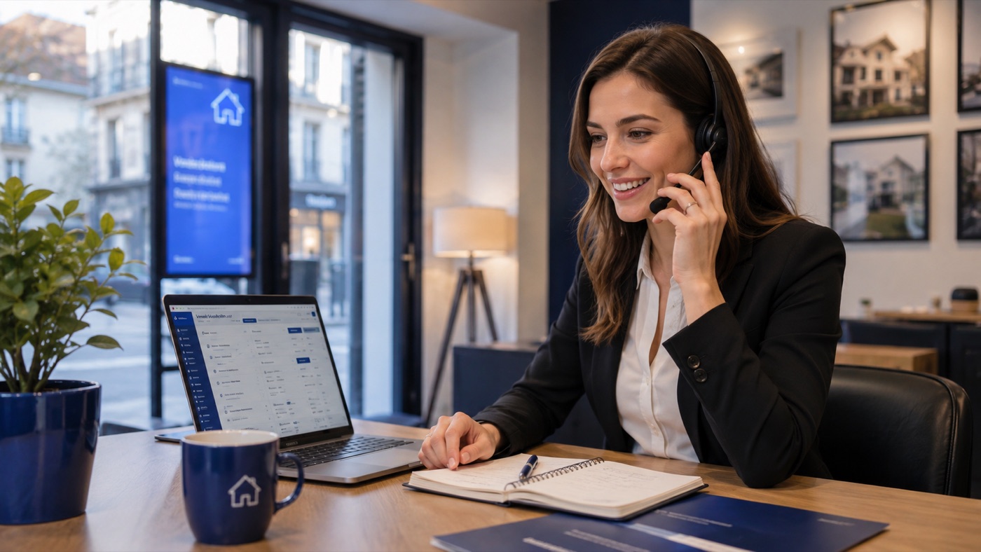 Professionnelle de l’immobilier utilisant son espace de travail numérique