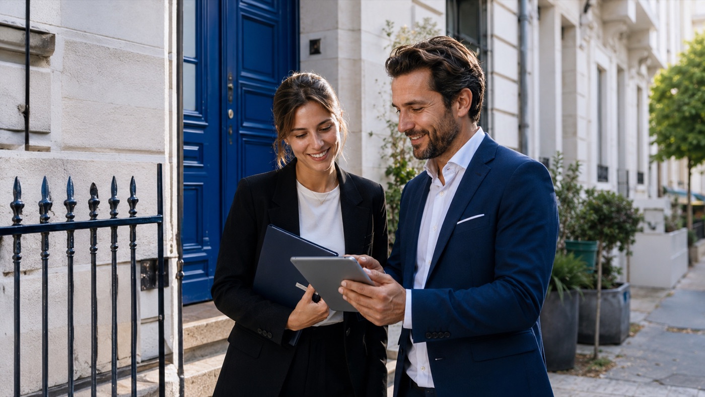 Deux professionnels consultant un dossier immobilier sur le terrain